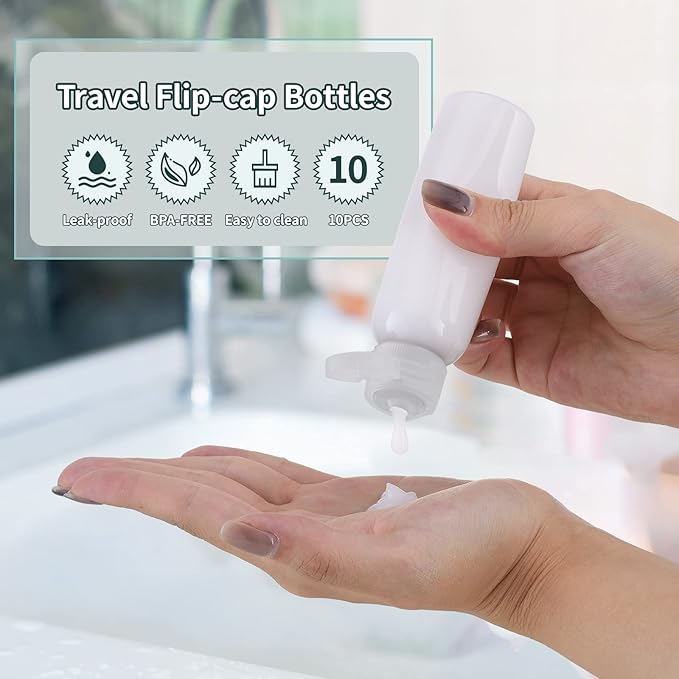 Tekson Travel Bottles Empty 2oz (10 PCS), Plastic Travel Size Cosmetic Container, TSA Amber Squeeze Bottle for Shampoo, Conditioner (Flip Cap)