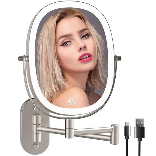 Lighted Wall Mounted Makeup Mirror, Double Sided 1X/7X Magnifying Mirror, 3 Color Lighting Option Dimmable, 360 Rotation Extension Foldable Arm, Oval Frame Rechargeable Vanity Mirror with Lights