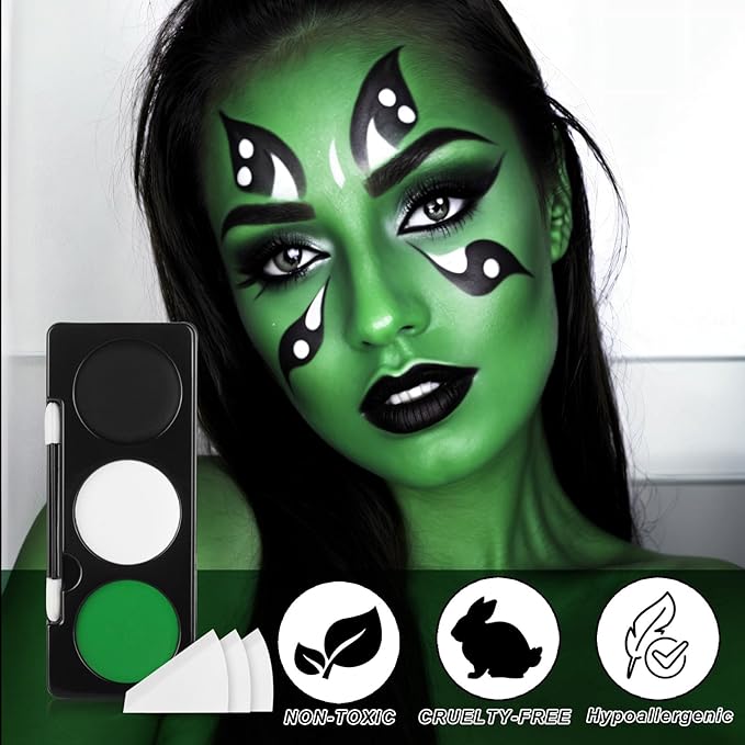 Green Witch Makeup Kit,Black White Green Face Paint + 3PC Sponge + Brush,Hulk Hunting 3 Colors Body Paint Palette,Safe Halloween Set for Kids,Eye Black for Baseball/Softball/Football,21g