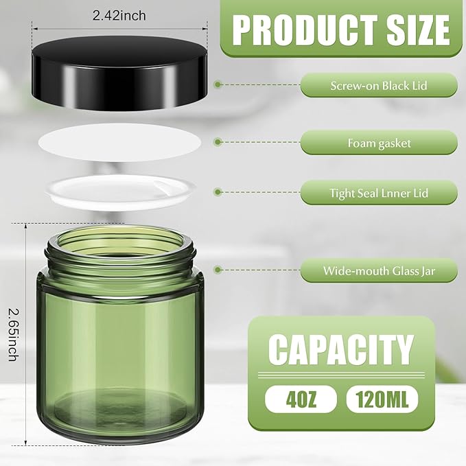 Norme 24 Pcs 4 oz Glass Jars with Lids Leakproof Round Airtight Empty Cosmetic Jars with Inner Liners Lid for Storing Lotions Powder Ointments Candle Making Tins (Olive Green)