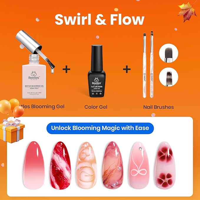 Beetles Blooming Gel and Nail Art Brushes Set - Ombre Nail Brush Gradient Stipple Clean Up Fingernail Art Pens and Silicone Dotting Tool for Gel Polish Marble Blush Chrome DIY Manicure Designs