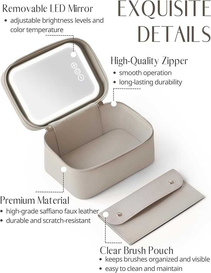 Popvibe Travel Makeup Case with Mirror and Light Up Vanity Case Make Up Bag Set with Brush Holder Srorage, Leather Cosmetic Case Compact Luxury Small Train Case with Handle, Portable Makeup Box Cute