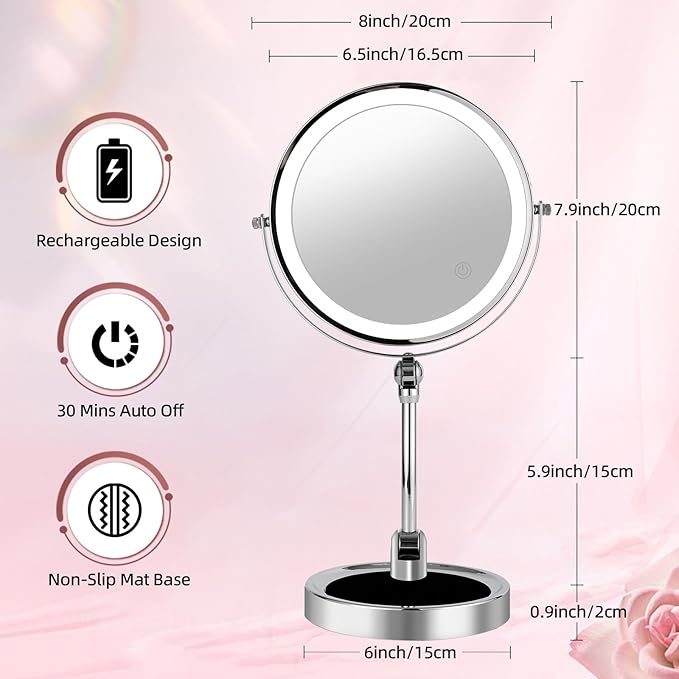 8" Rechargeable Lighted Makeup Mirror with Magnification, Adjustable Height & Brightness 1X/10X Double Side Magnifying Mirror with Light, 3 Color Lighting 360° Rotation Storable Base, Chrome