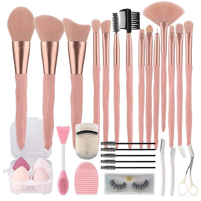 30Pcs Pink makeup brushes with makeup sponges makeup tool set makeup brushes set natural synthetic eye shadow foundation make-up facial mixed powder blusher concealer eye makeup brush set