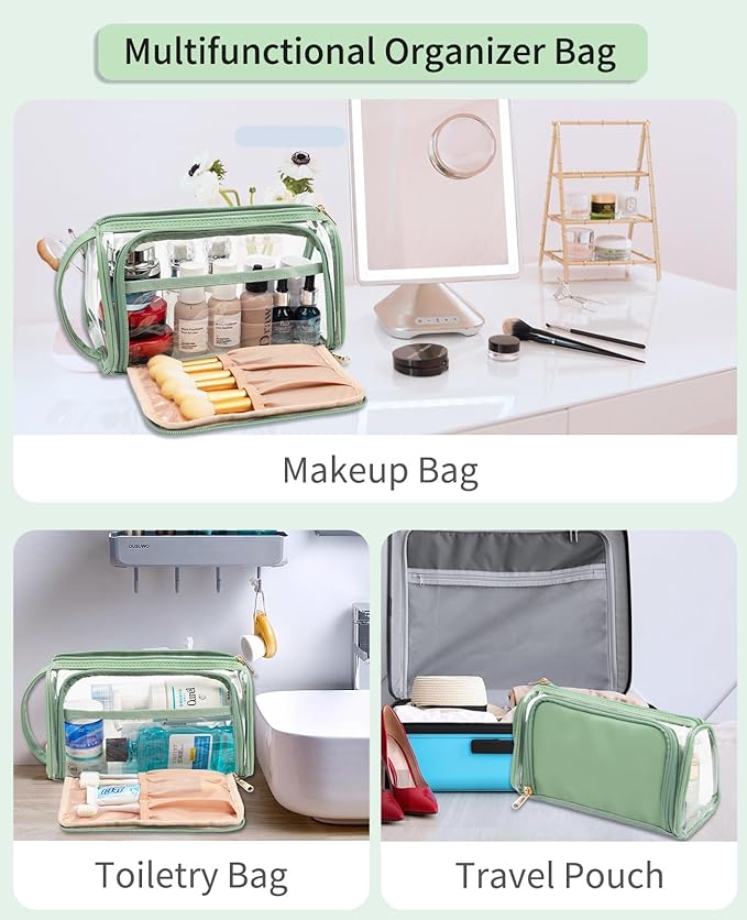 CUBETASTIC Clear Cosmetic Bags, Transparent Plastic Makeup Zipper Pouch Travel Makeup Up Organizer Case, Portable Cute Small Toiletry Bag with Handle and Side Compartment, Green