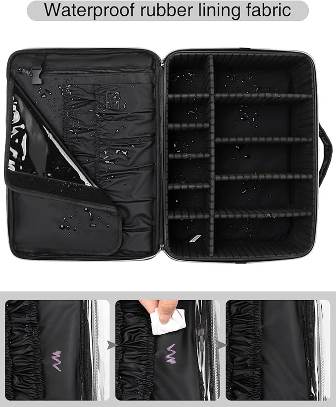 Relavel Extra Large Makeup Case Travel Makeup Bag Professional Leather Artist Bag Portable Cosmetic Brush Holder Organizer Nail Organizer Box with Adjustable Dividers