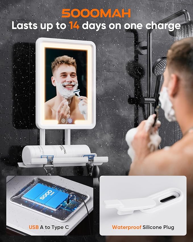 Heated Shower Mirror Fogless for Shaving 2025 New, 3 Colors Stepless Dimmable Lights Anti Fog Shower Mirror, Fog Free Mirror for Shaving with Razor Holder for Men, NO-Drilling, Removable - White