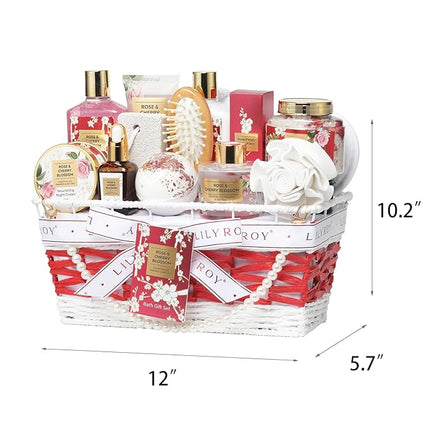Valentines Day Gifts for Women - 19-Piece Luxury Rose & Cherry Blossom Spa Gift Basket Set Bath and Body Gift Sets Care Kit with Necklace | Christmas Gifts, Mothers Day Gifts Baskets for Mom, Wife