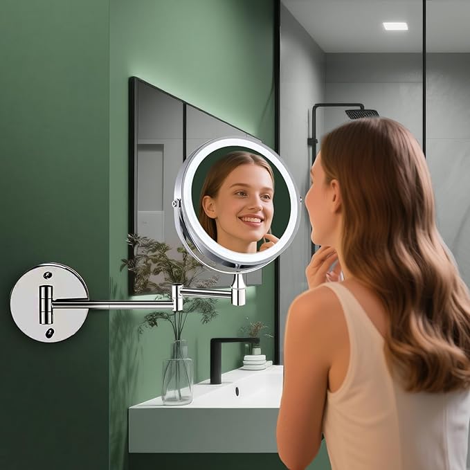 1X/10X Wall Mounted Lighted Makeup Mirror - 8" Dual-Sided Vanity Mirror with 3 Color Lights for Bathroom Bedroom Makeup Studio | 4000 mAh-USB Rechargeable | Touch Dimmable | Extended Arm 360° Rotation