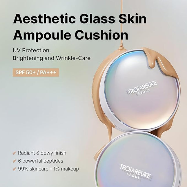 TROIAREUKE Seoul "Bridal" Cushion Foundation(#21, Pink Beige), Korean Cushion Foundation, K-Beauty, Hydrating, Long-lasting, Lightweight, Natural Finish, Anti-Aging, Moisture, Whitening, SPF 50+