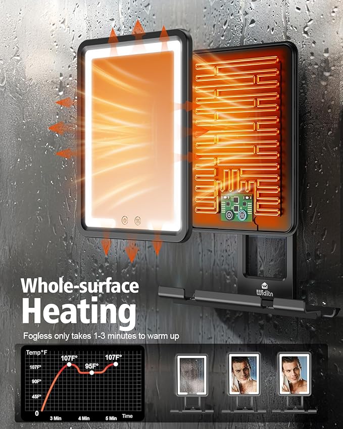 Lighted Shower Mirror Fogless for Shaving, Heated Fogless Shower Mirror with 3 Colors Stepless Dimmable Lights, Rechargeable Adjustable Shaving Mirror with Razor Stand, Brush Holder for Men