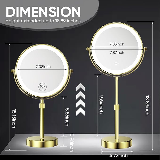 Nicesail 8” Rechargeable LED Magnifying Makeup Mirror with 3 Color Lights and 10X Magnification, Height Adjustable Stand up Lighted Magnifying Mirror, Double Sided 360°Rotation, Shiny Gold Finish