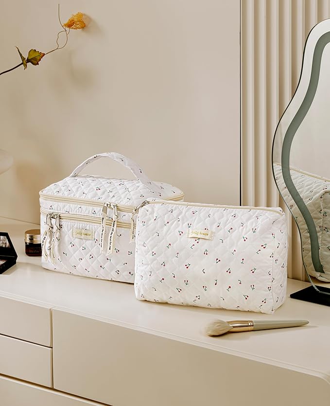 HBselect 2Pcs Travel Makeup Bag, Large Cotton Quilted Makeup Bag Cosmetic Bag Cute Make up Bag Toiletry Bags for Women Girls