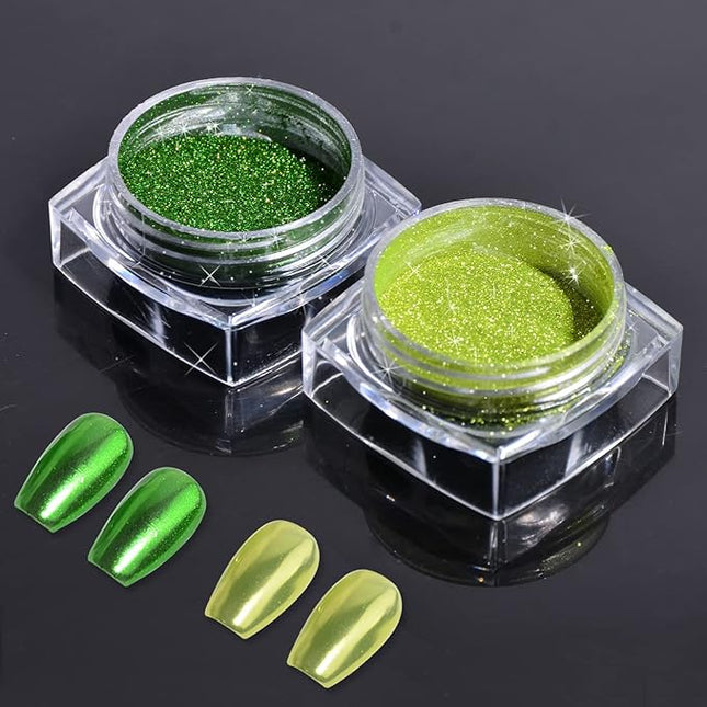 Green Chrome Nail Powder, 2 Jars Nail Art Magic Mirror Powder Chrome Pigment Powder Green Apple Raisins Chrome Nail Powder Manicure Tips with Sponge Applicators