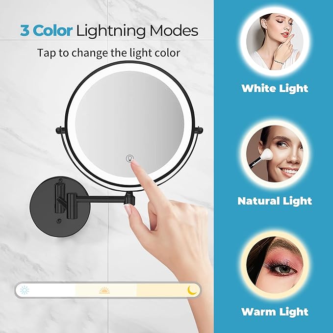 Fab Glass and Mirror Rechargeable Lighted Makeup Mirror 8 Inch, 1x/10x Magnification 3 Color Lights Touch Screen Dimmable 360° Rotation, Wall Mounted Magnifying Mirror Wall Mounted Mirrors (Black)