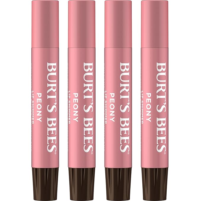 Burt's Bees Shimmer Lip Tint Set, Tinted Lip Balm Stick, Moisturizing for All Day Hydration with Natural Origin Glowy Pigmented Finish & Buildable Color, Peony (4-Pack)