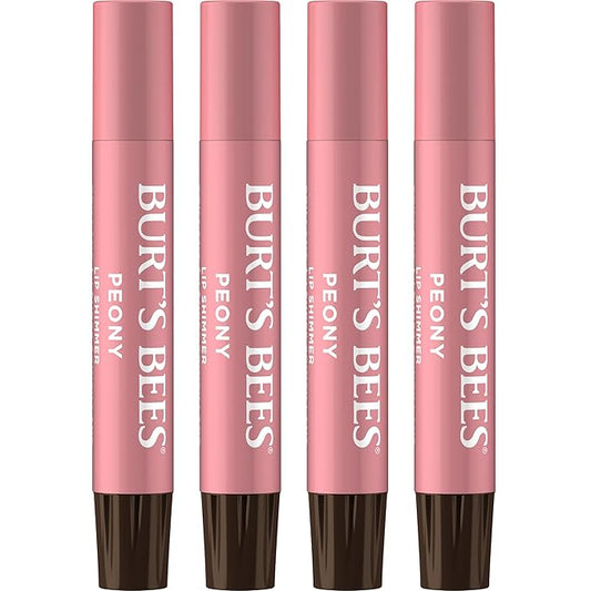 Burt's Bees Shimmer Lip Tint Set, Tinted Lip Balm Stick, Moisturizing for All Day Hydration with Natural Origin Glowy Pigmented Finish & Buildable Color, Peony (4-Pack)