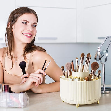 Diesisa Makeup Brush Holder Organizer,360° Rotating Makeup Brush Organizer,5 Slot Make up Brushes Cup for Cosmetics, Nail Polish, Art Supply, Bathroom Vanity Desktop Organizer - Cream