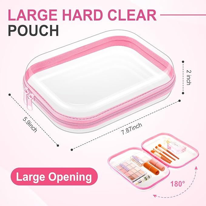 Sanwuta 6 Pcs Clear Hard Zipper Case Pencil Pouches Hard Plastic Zipper Pouches Makeup Bag Transparent Cases for Snacks Plastic Storage Organizer Box for Travel(Pink,7.87 x 5.9 x 2 Inch)