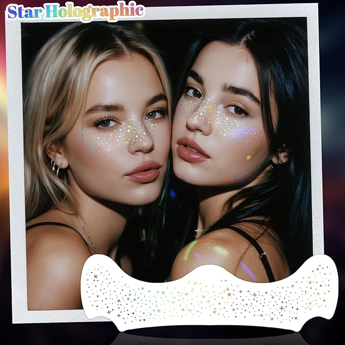 24pcs Glitter Freckles Face Tattoo - Holographic Face Sparkle Freckles Temporary Tattoos for Women Girls, Waterproof & Long Lasting Freckles Makeup Patches for Party, Concerts, Daily Accessories