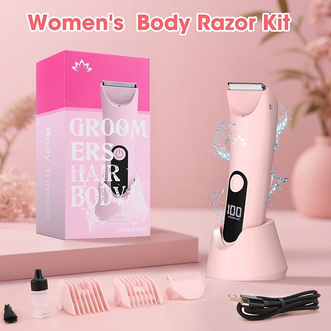 Bikini Trimmer for Women, Painless Pubic Hair Trimmer for Armpit Leg Arm Body Private Area,Rechargeable Womens Electric Razors Shaver LED Light Ceramic Blade IPX7 Waterproof Wet/Dry LCD Display,Pink