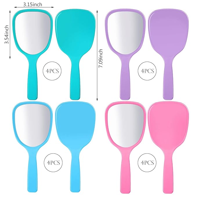Hicarer 16 Pcs Hand Handheld Mirror with Handle Plastic Travel Makeup Handheld Cosmetic Mirror for Travel, 3.15 Inch Wide, 7.09 Inch Long (Blue,Green,Pink,Purple)