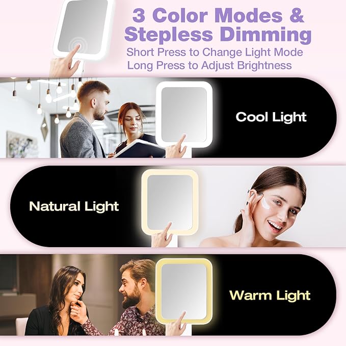 Portable Travel Makeup Mirror with Lights, Double Sided 1X/10X Magnifying Mirror, 3 Color Adjustable Lighting Touch Screen, Rechargeable Lighted Beauty Mirror, Tabletop Handhold Hanging (Purple)