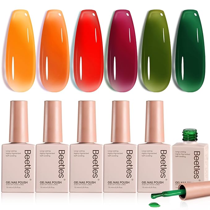 Beetles Jelly Gel Nail Polish Set - Autumn Prism Jelly Gel Polish, 6 Colors Fall Gel Polish Kit Yellow Orange Burgundy Red Purple Green Sheer Translucent Soak off UV Nail Art Manicure Gift for Women