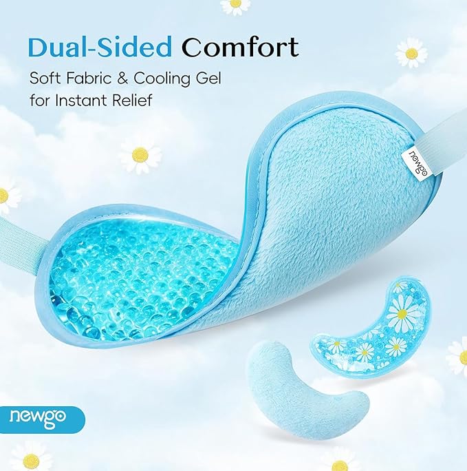 NEWGO Cooling Eye Mask for Puffy Eyes, Cold Eye Mask Eye Ice Pack for After Eyes Surgery, Tension Stress Relief, Itchy Eyes, Headaches, Dark Circles - Blue (1 Set Eye Pad and Eye Mask)