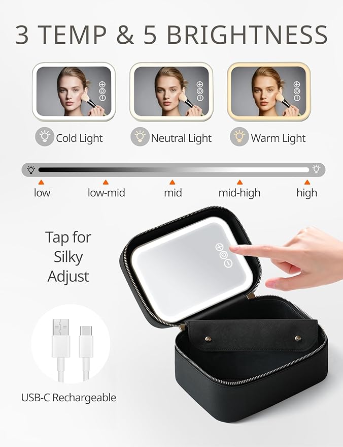 Popvibe Travel Makeup Bag with LED Mirror, Compact Make Up Vanity Case with Brush Storage and Top Handle, Light Up Makeup Case Traveling Leather Cosmetic Bag, Portable Medium Sized Train Case, Black