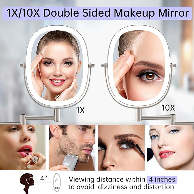 FUNTOUCH Rechargeable Wall Mounted Lighted Makeup Mirror, Oval Double-Sided Mirror 1X/10X Magnifying Wall Mounted,3 Color Lights Touch Screen Dimmable 360°Swivel 13 Inch Extendable