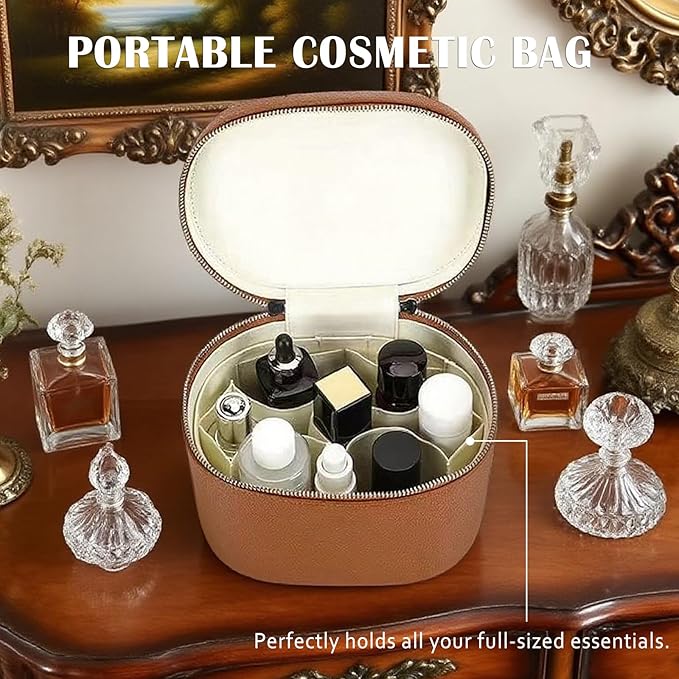 KJMYYXGS Leather Makeup Bag with Dividers Make Up Organizers with Compartments and Handle for Vanity Travel Makeup Countertop Case (brown)
