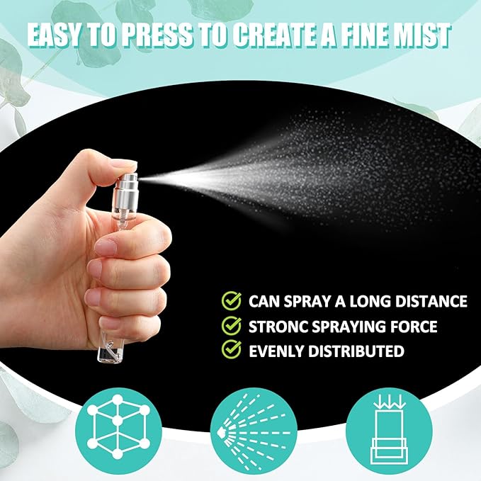 Zhehao 50 Pcs Mini Spray Bottles 10 ml Clear Glass Perfume Bottles Refillable Fine Mist Perfume Atomizer Portable Empty Sample Containers for Cleaning, Essential Oils, Travel (Silver Cap)