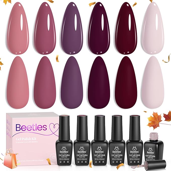 Beetles Burgundy Purple Gel Nail Polish Set - 6 Color Fall Dark Purple Maroon Mauve Plum Gel Polish Kit, Soak Off UV LED Nail Gel for Autumn Manicure Nail Art Gifts for Women