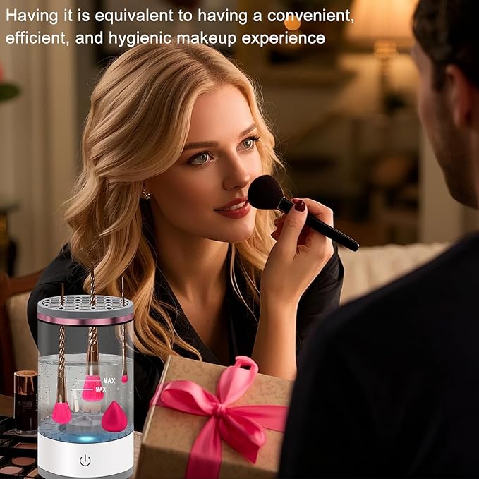 Electric Makeup Brush Cleaner Machine: Portable Face Beauty Brushes Cleaning Blender with Silicone Holder, Facial Care Tool Washer, Sponge Washing Device, Girls Travel Cosmetic Organizer (White)