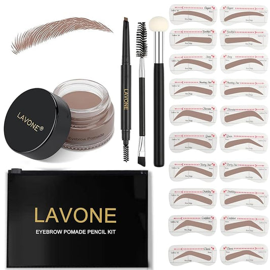 LAVONE Eyebrow Stamp Stencil Kit - Brow Stamp Trio with Waterproof Pencil, Pomade, 20 Stencils, Dual-ended Brush and Sponge Applicator - Ash Blonde