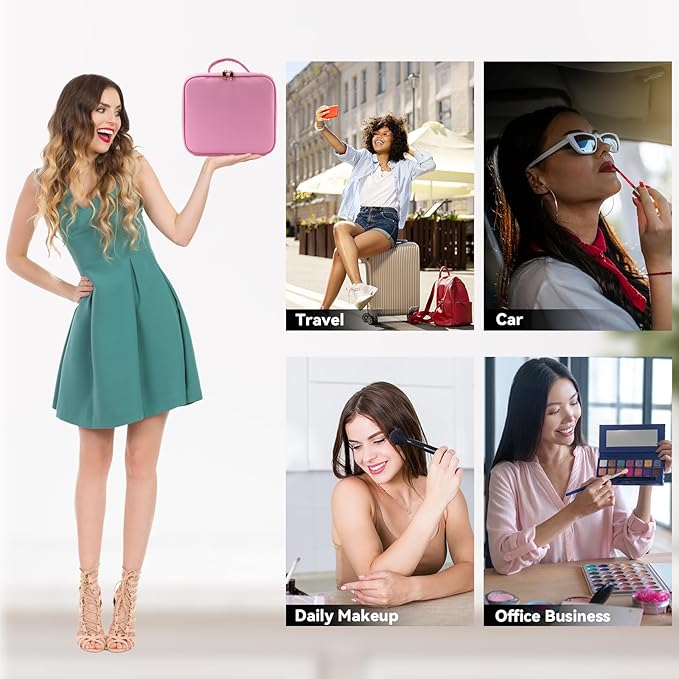 Travel Makeup Bag with LED Mirror and 10x magnifying glass with 3 Lighted Settings, Adjustable Dividers and Makeup Brush Storage Bag Dark Pink