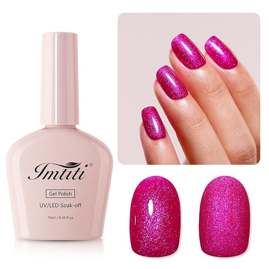 Imtiti Hot Pink Iridescent Glitter Gel Nail Polish, Soak Off LED U V Shimmer Sparkle Nail Gel Polish DIY Nail Art Starter Manicure Salon Kit for Women Girls 10ML