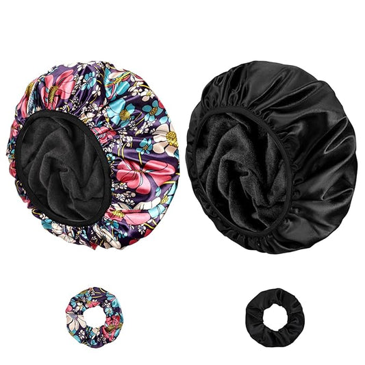 Shower Caps for Women, 2 PCS 3 Layers Terry Lined Shower Cap + 2 Satin Scrunchies, Waterproof Terry Cloth Bath Caps Elastic and Reusable Hair Cap for Shower - (Black+Flower B)