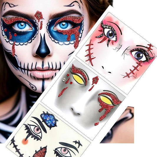 3 Pcs Halloween Face Gems Jewels,Day of the Dead Scar and Blood Stains Rhinestone Face Tattoo Stickers Glitter Rhinestone Face Jewels for Halloween Rave Party Cosplay