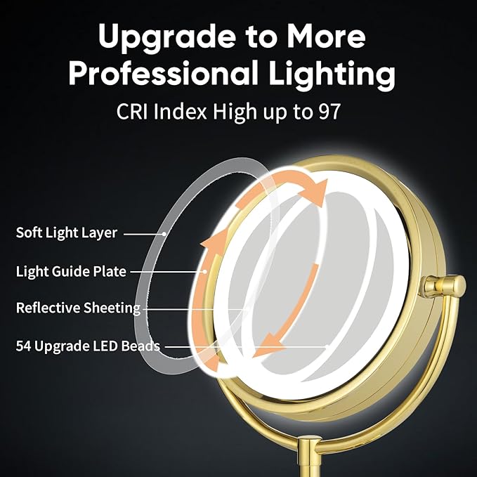 GURUN 8.5 Inch Rechargeable LED Lighted Tabletop Makeup Mirror with 10x Magnification Dimmable 3 Colors Touch Control 4500mAh Double Sided Gold Finish 2208D-T(10x, Gold)