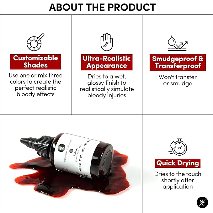 Alcohol Drying Blood, Ultra-Realistic Fake Liquid Blood, SFX Makeup for the Stage, Film, Halloween, and Cosplay - Dark 2oz