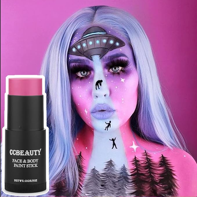 CCbeauty Hot Pink Face Paint Stick, Face Painting Kit, Full Coverage SFX Makeup Foundation, Professional Non-Toxic Body Paint for Halloween Costume Cosplay Party, For Barbie, Panther, Catrina Makeup