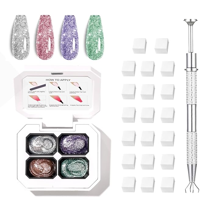 Finger Secret 4 Colors Set Ombre Pat Gel Glitter Nail Polish Shine,Patting Ombre Pigment Palette for Nail with 20Pcs Nail Sponges for Gradient Gel Painting Nail Art Ombre Pat Gel Nail Polish