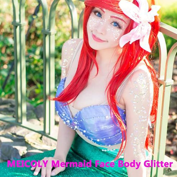 MEICOLY 2pcs Clear White Face Body Glitter,Mermaid Face Glitter Gel,Singer Concerts Festival Rave Accessories,Chunky Sequins Glitter Face Paint for Women and Kids,Sparkling Glitter Makeup
