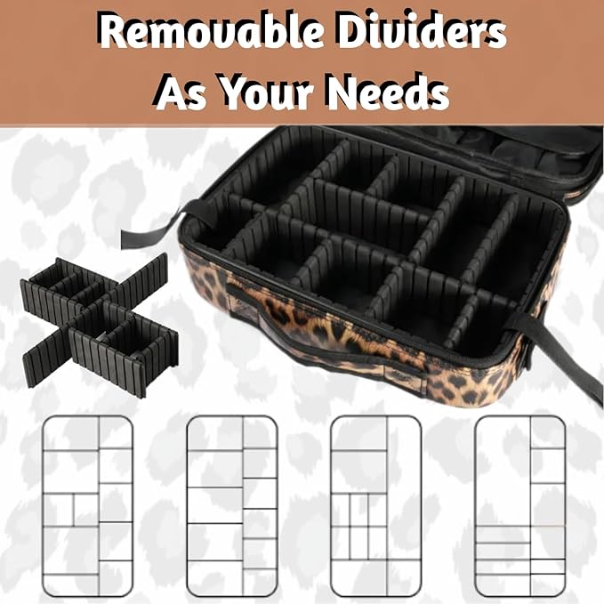 Makeup Case Large Travel Makeup Bag 3 Layers Cosmetic Train Case Cosmetic Organizer Brush Holder Waterproof Makeup Storage Bag with Adjustable Dividers and Shoulder Strap (Leopard)