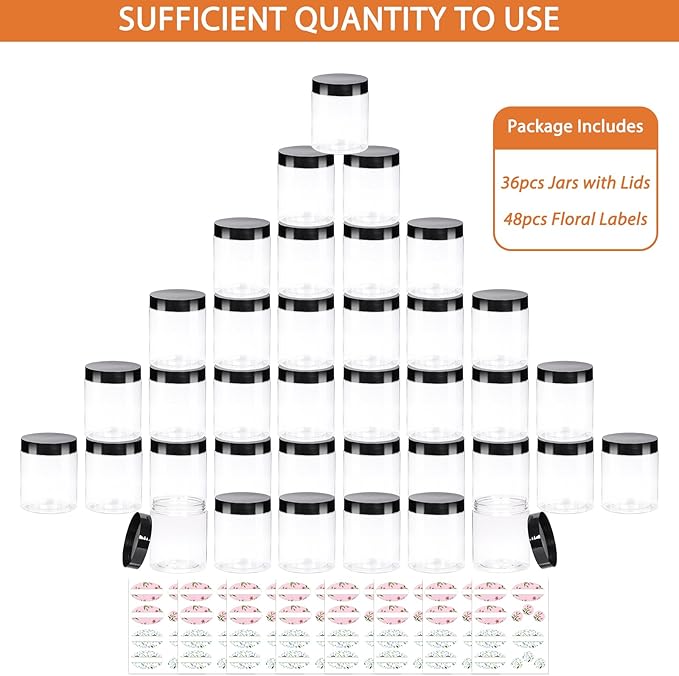 8oz Plastic Jars with Lids 36Pack, 8fl.oz Plastic Containers with Lids- Clear Food-grade Plastic Storage Containers with Black Screw Lid for Liquid and Solid Products (8fl.oz, 36Pack)