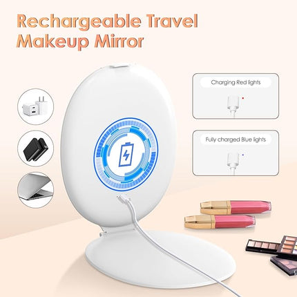 Travel Makeup Mirror with Light: 3 Color Lighting Portable Mirror with Touch Screen Rechargeable Adjustable LED Lights Hexagon Vanity Mirror for Travel, Desk, Home (Round White)