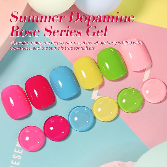Born Pretty Neon Gel Nail Polish Spring Summer Hot Pink Green Blue Yellow Bright Rainbow Candy Sweet Color Gel Polish Kit Nail Art Manicure DIY Home Salon 6PCS