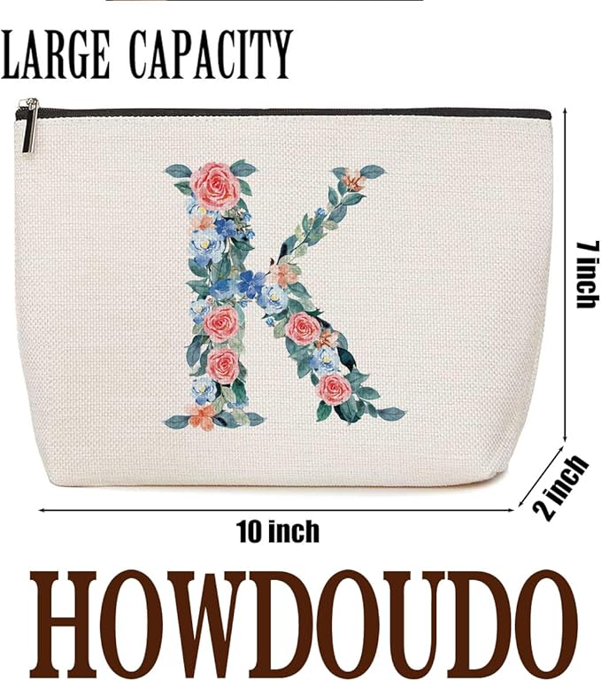 Initial Makeup Bag Monogrammed Travel Toiletry Bag Monogram Cosmetic Bag Birthday Christmas Bridal Shower Bridesmaid Gifts Personalized Gifts for Women Bride Teacher Bestie, Floral Letter K